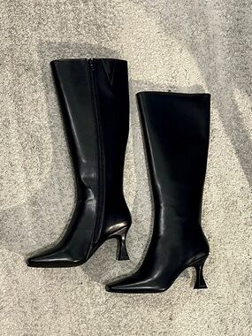 BRAND NEW Jeffery Campbell Checkmate knee high square toe boots dark navy